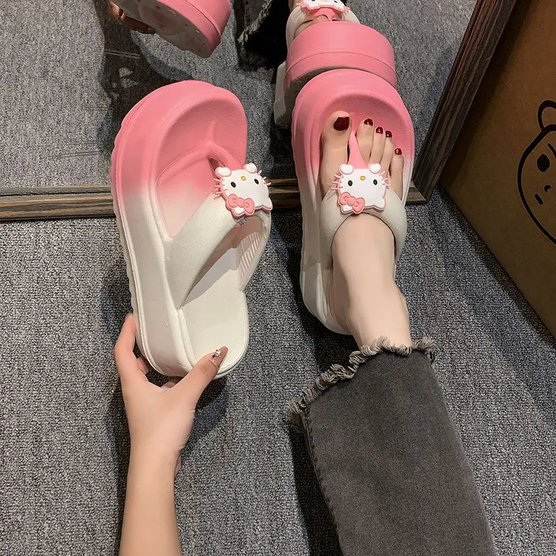 

New Sanrio Anime Hello Kitty Slippers Cute Cartoon Summer Pink Thick Sole Slippers Versatile Herringbone Slipper External Wear