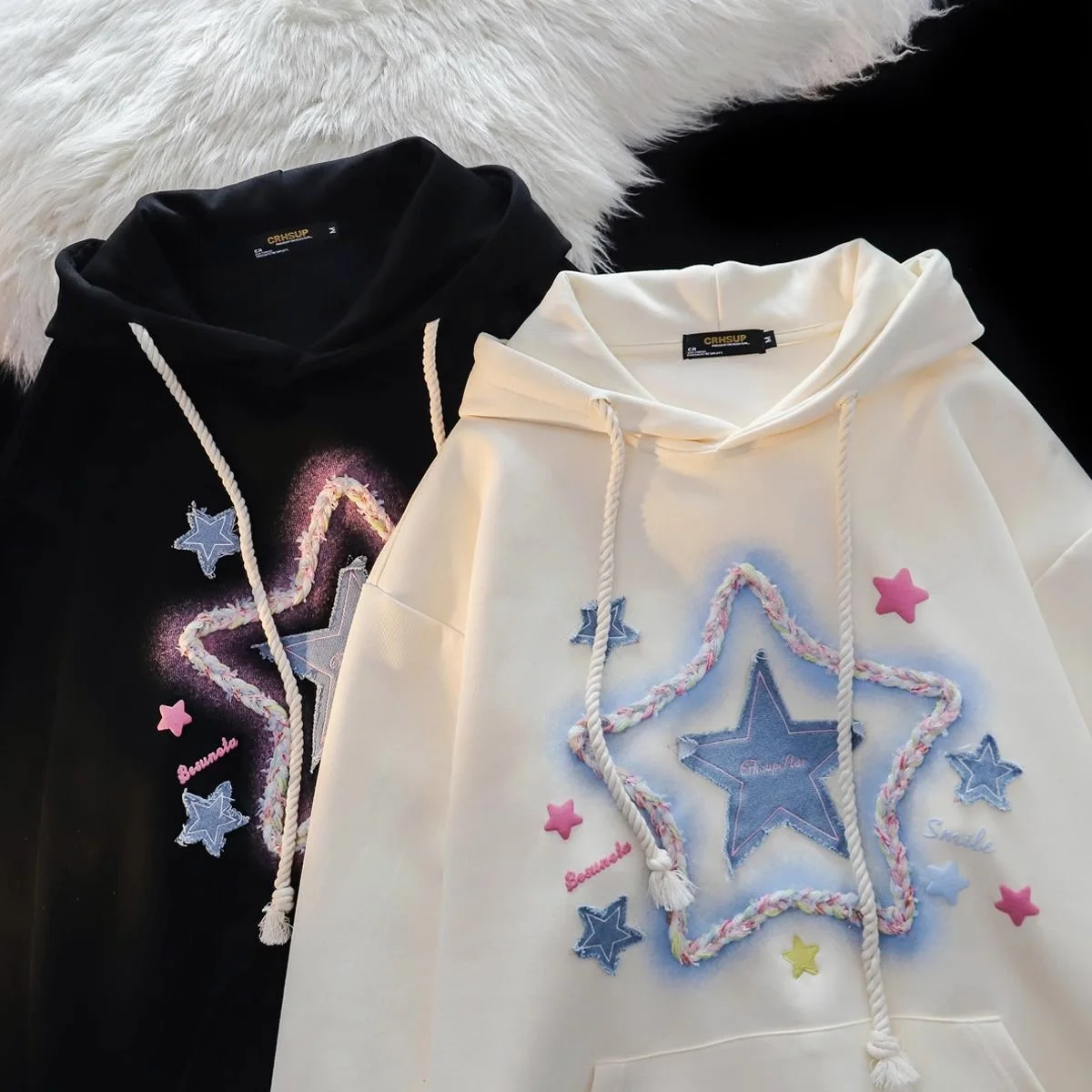 Spring And Autumn Star Print Milk Apricot Color Hooded Coat Street Harajuku Outerwear Vintage Star Print Drawstring Hoodies