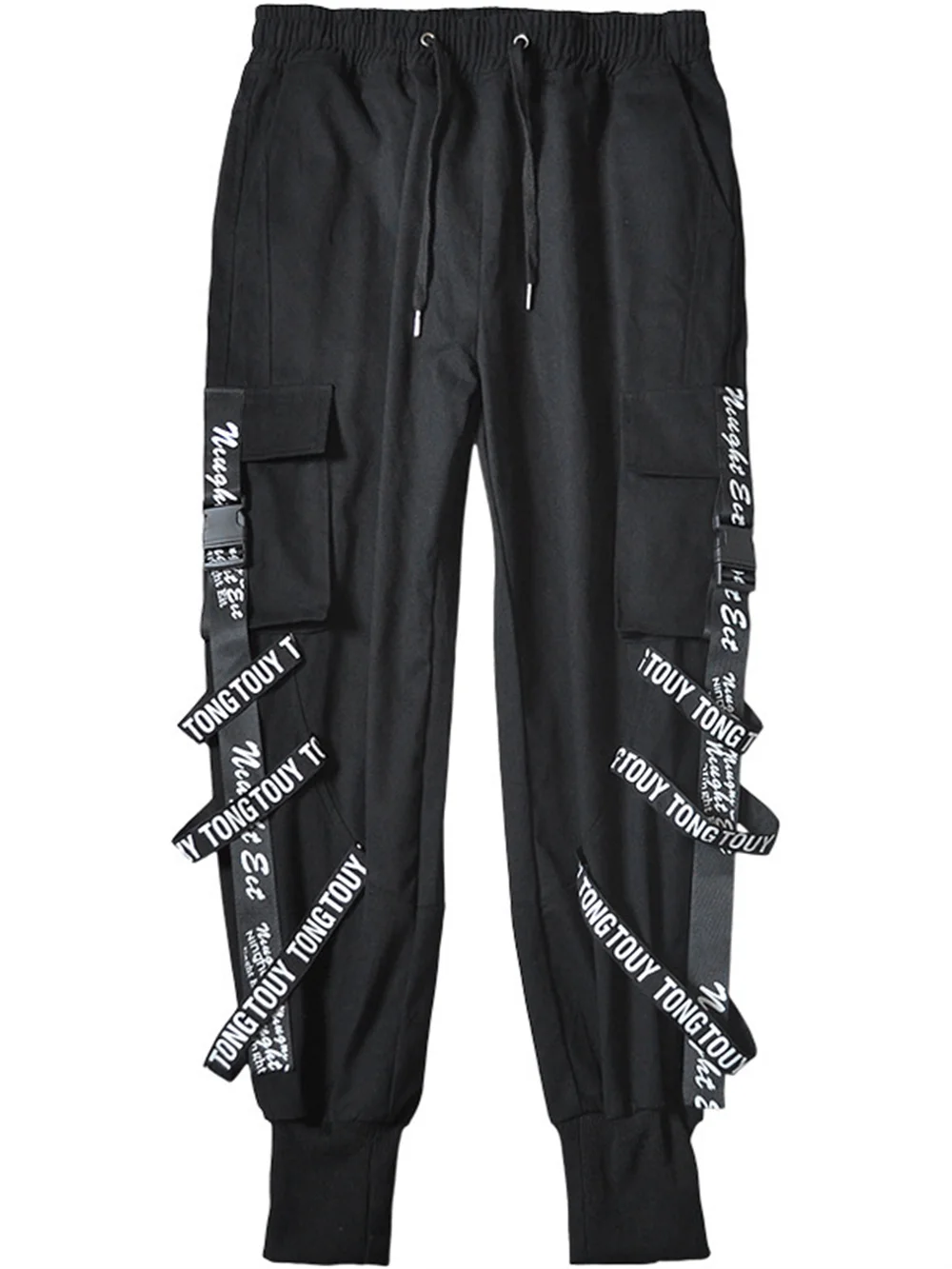 Harajuku Black Hip Hop Men Ribbons Cargo Pants Techwear