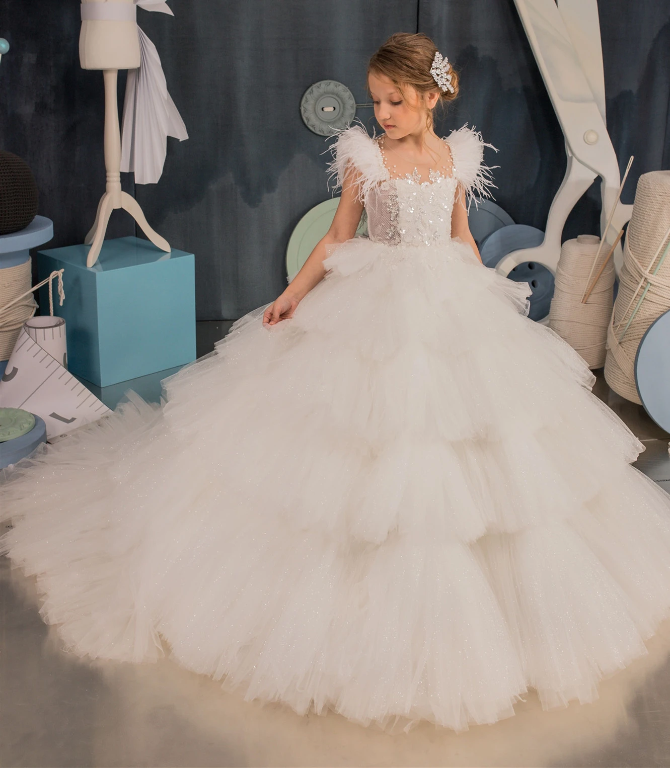 New Princess Dress Long Train Flower Girl Dresses Feather Sleeve Sheer