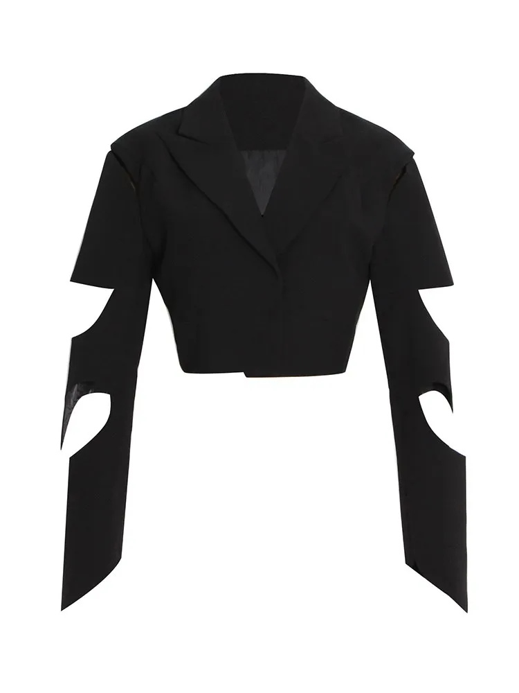KBQ Hollow Out Cropped Blazers For Women Notched Collar Long Sleeve Spliced Buttom Solid Straight Blazer Female Fashion Clothing