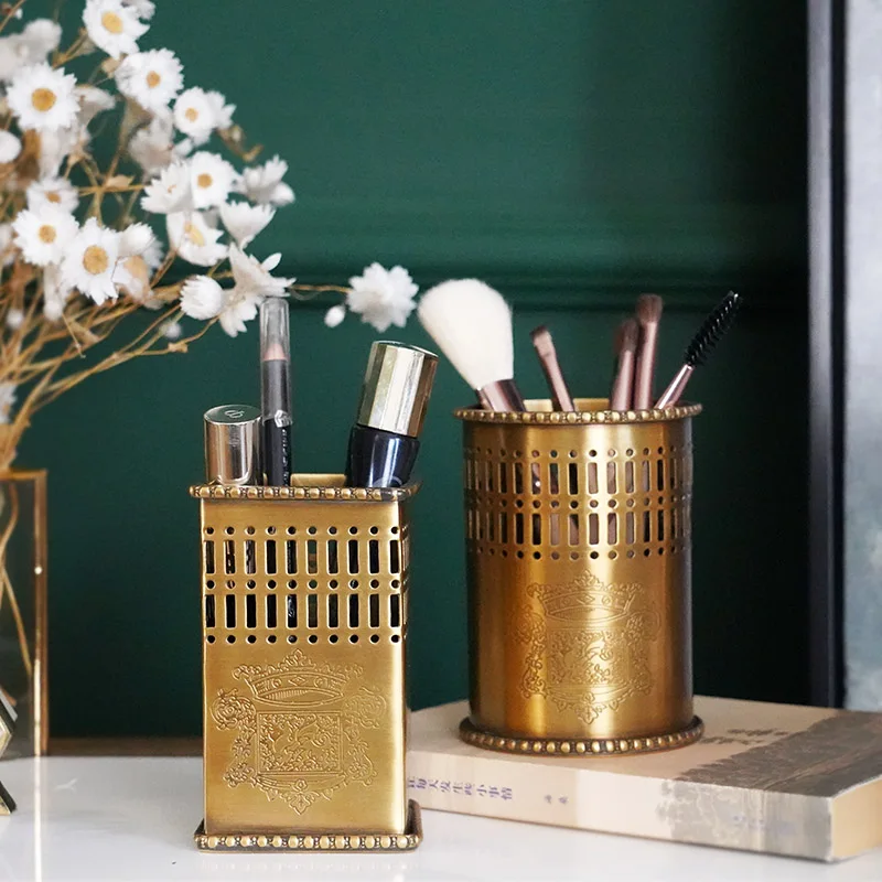 

Brass handmade pen holder, vintage openwork carved makeup brush, eyebrow pencil storage bucket