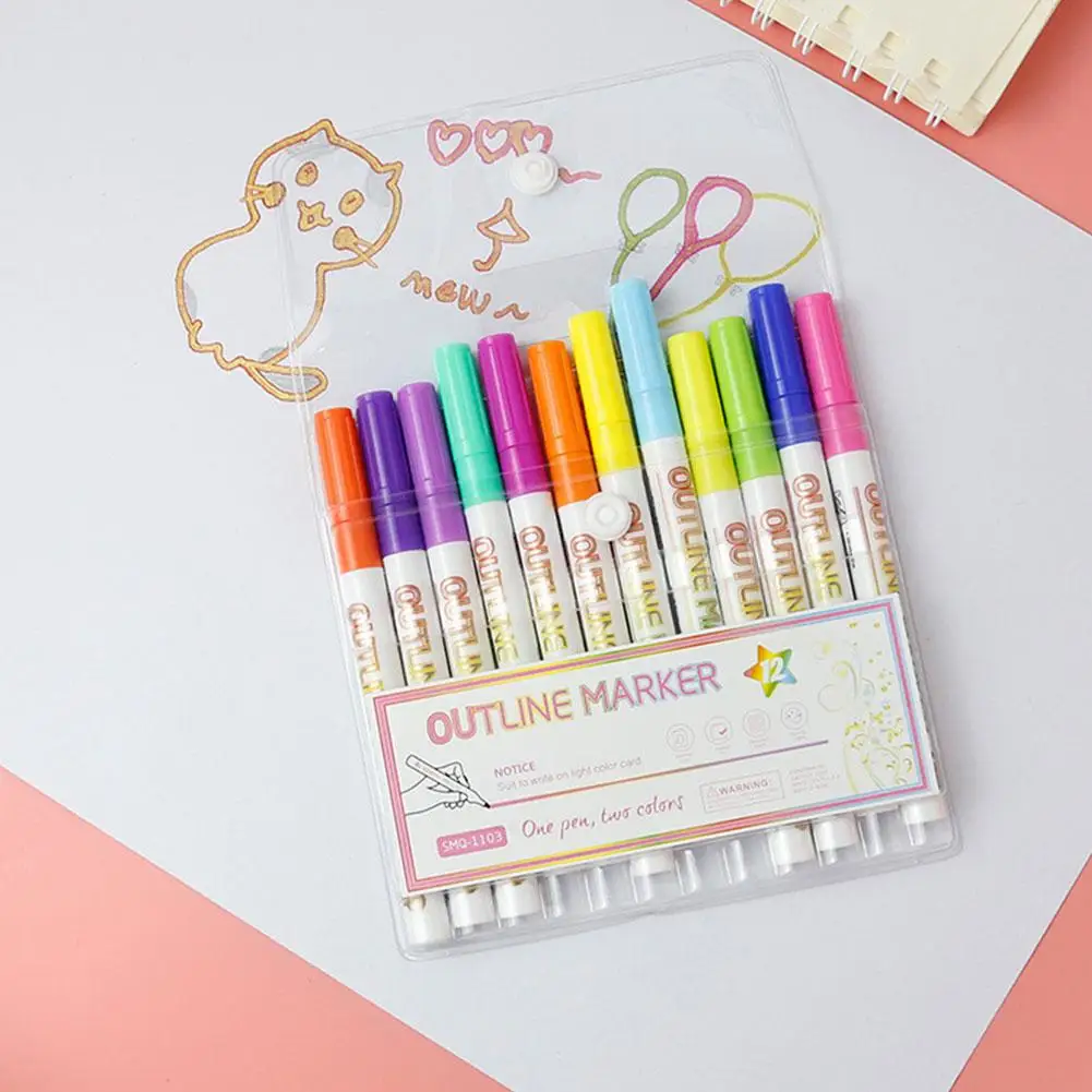 이중선 윤곽 아트 마커 펜, DIY 그래피티 윤곽 마커, 일기 펜, 포스터 스크랩북 마커 펜, 하이라이터 R0s6