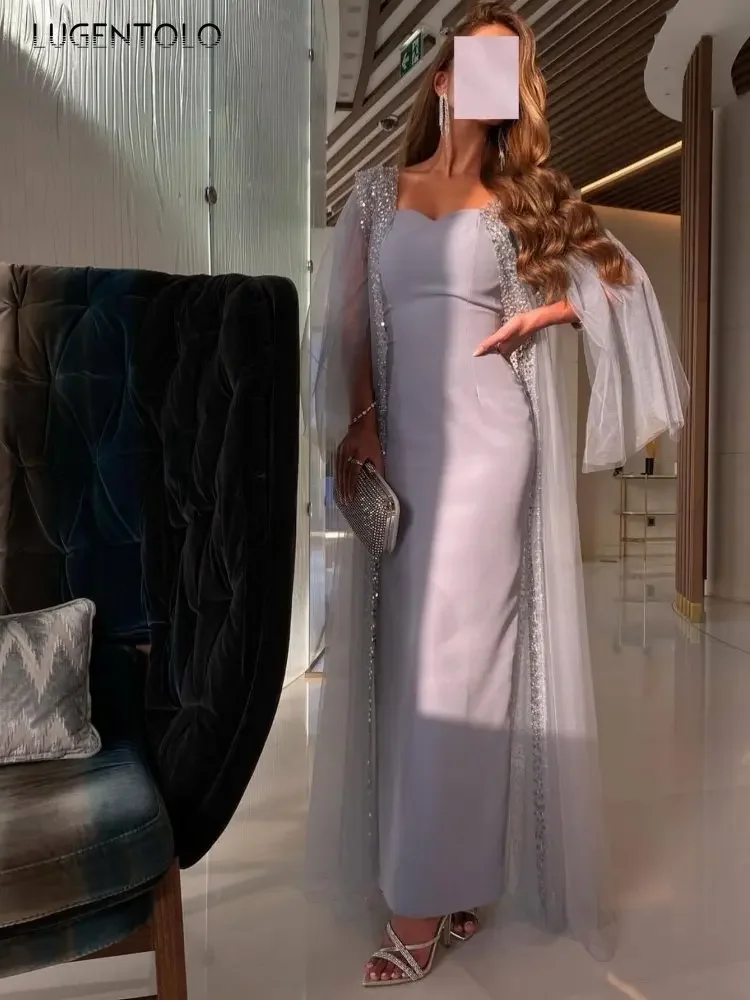 

Women Sexy Dress Mesh Party Sequins Fairy Blue Slim Empire Spring Summer Female Elegant Dinner Maxi Dresses