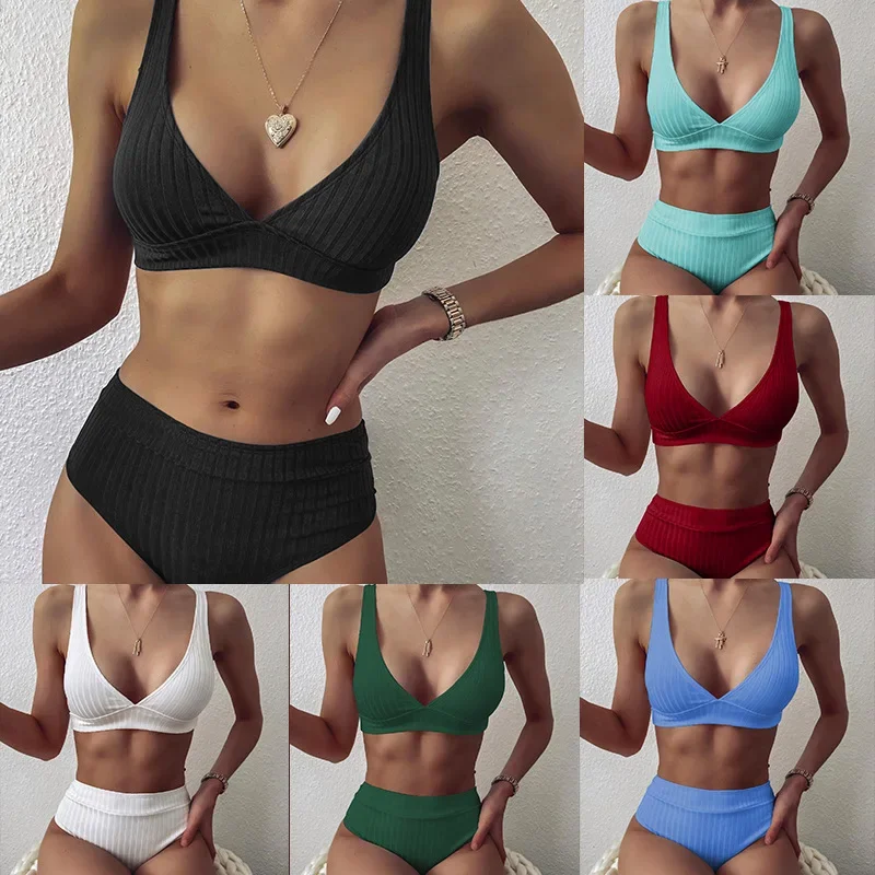 

2024 New V-neck Pit Strip Bikini High Waist Split Women Swimsuit Bikini