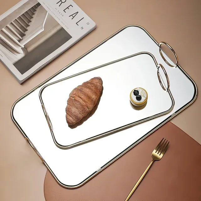 Metal Mirror Storage Tray Rectangle Golden Handle Phnom Penh Binaural Storage  Jewelry Cosmetics Bathroom Home Kitchen Supplies 2