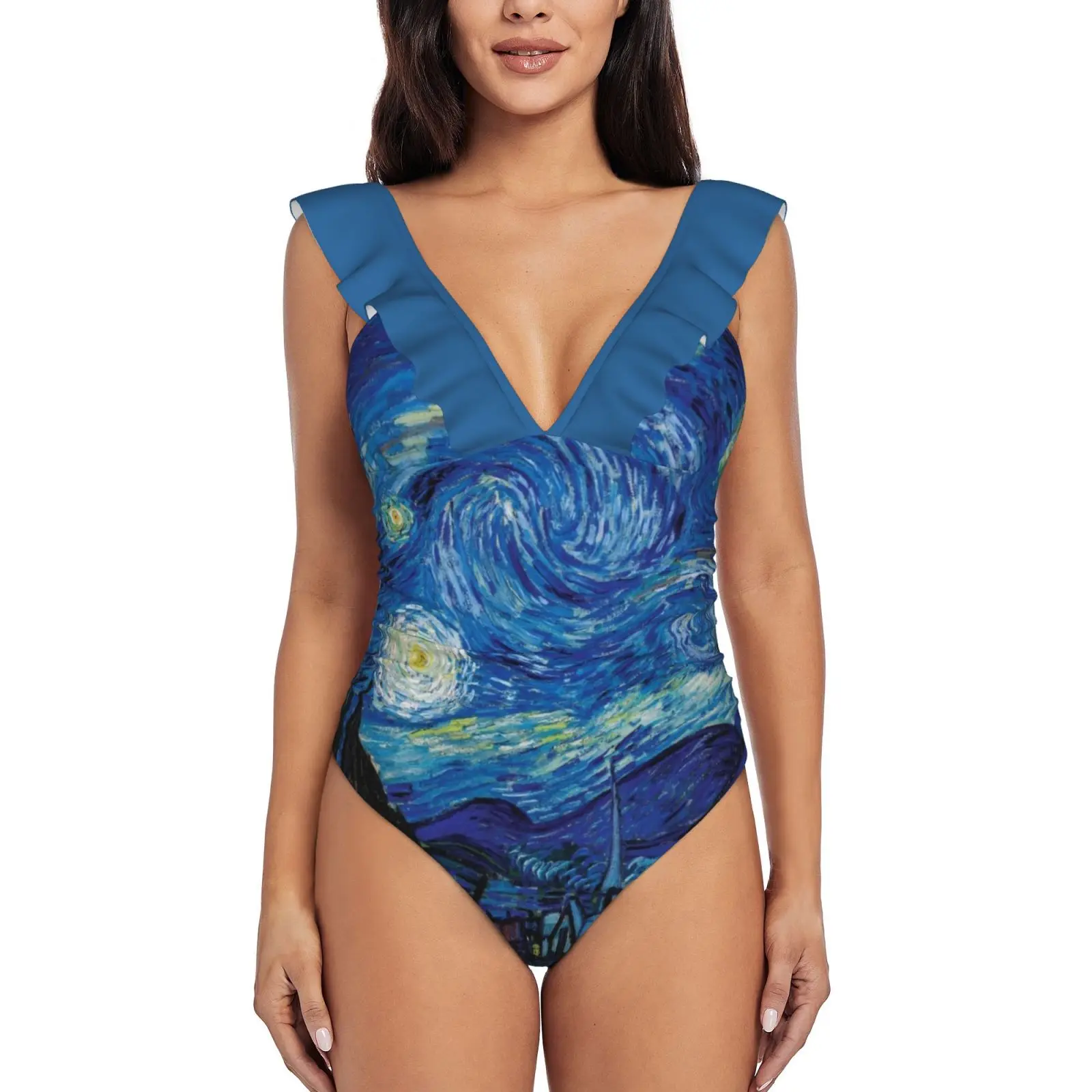 

Vincent Van Gogh-Starry Night Sexy One Piece Swimsuit Women Ruffled Swimwear Women Print Monokini Female Beachwear Starry Night