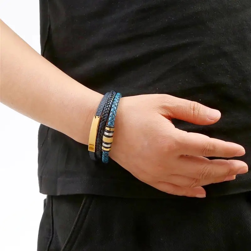 Stainless Steel Beaded Leather Bracelet for Men Classic Multilayer Braided Bracelet Punk Bangles Fashion Jewelry leather bracelet stainless steel bracelet charm bracelet