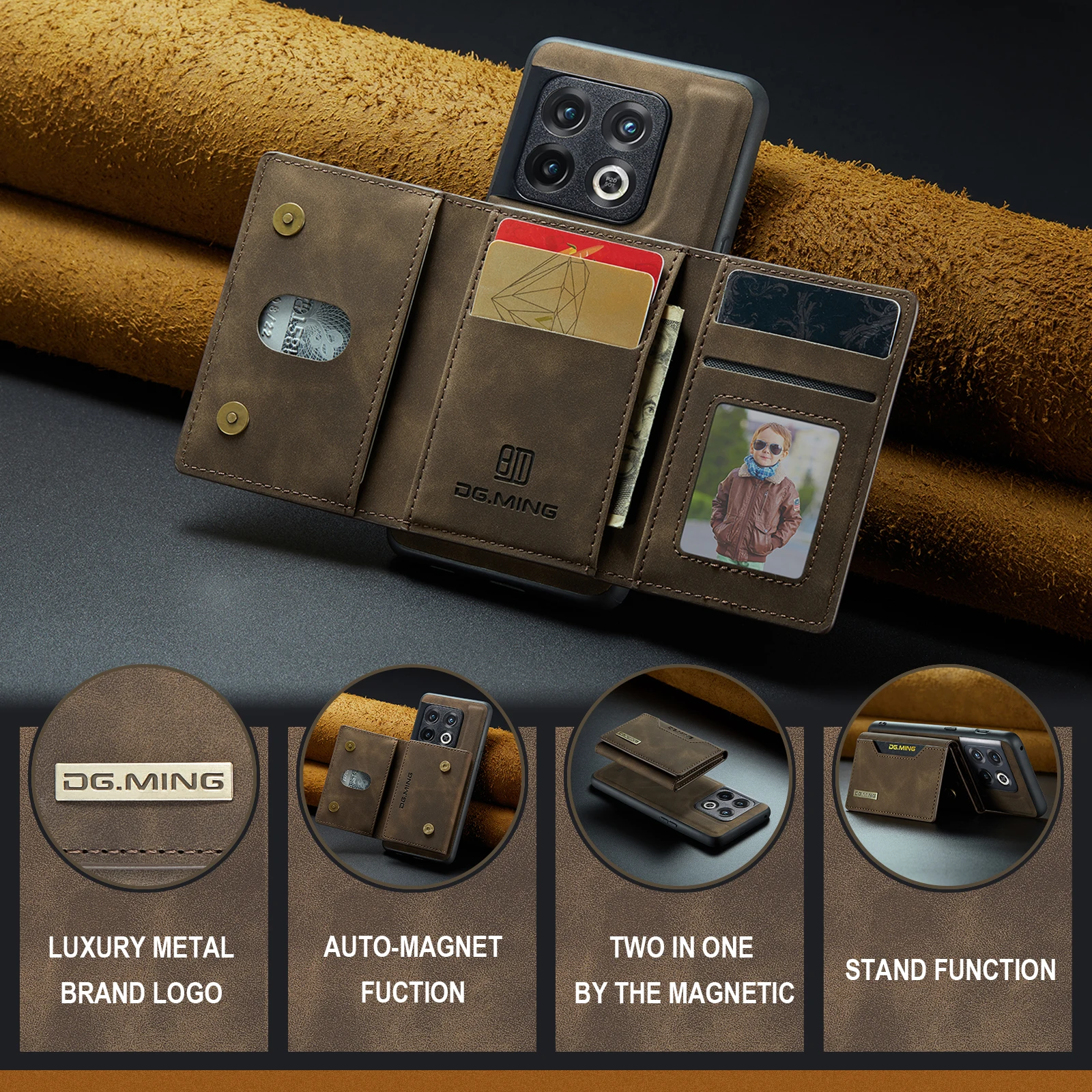 DG.MING Vintage 2in1 Magnetic Detachable Leather Wallet Case for OnePlus 11 10 Pro ACE Retro Card Slots Pocket Holder Back Cover