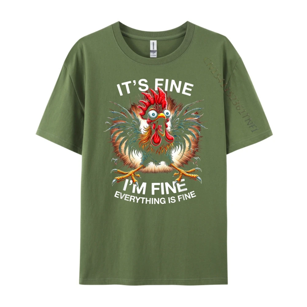 Funny Graphic Tee It's Fine Family Normal Tees Crew Neck Autumn 100% Cotton Short Sleeve T Shirt for Women Group T-Shirt Funny Graphic Tee It's Fine I'm Fine Weird Crazy Chicken armygreen