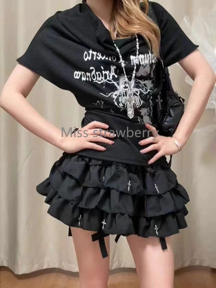 Summer Gothic Slim Black Print T-Shirts Women Hot Girl Y2k New Short Sleeve Tees Female High Street Retro Aesthetic Clothing 5