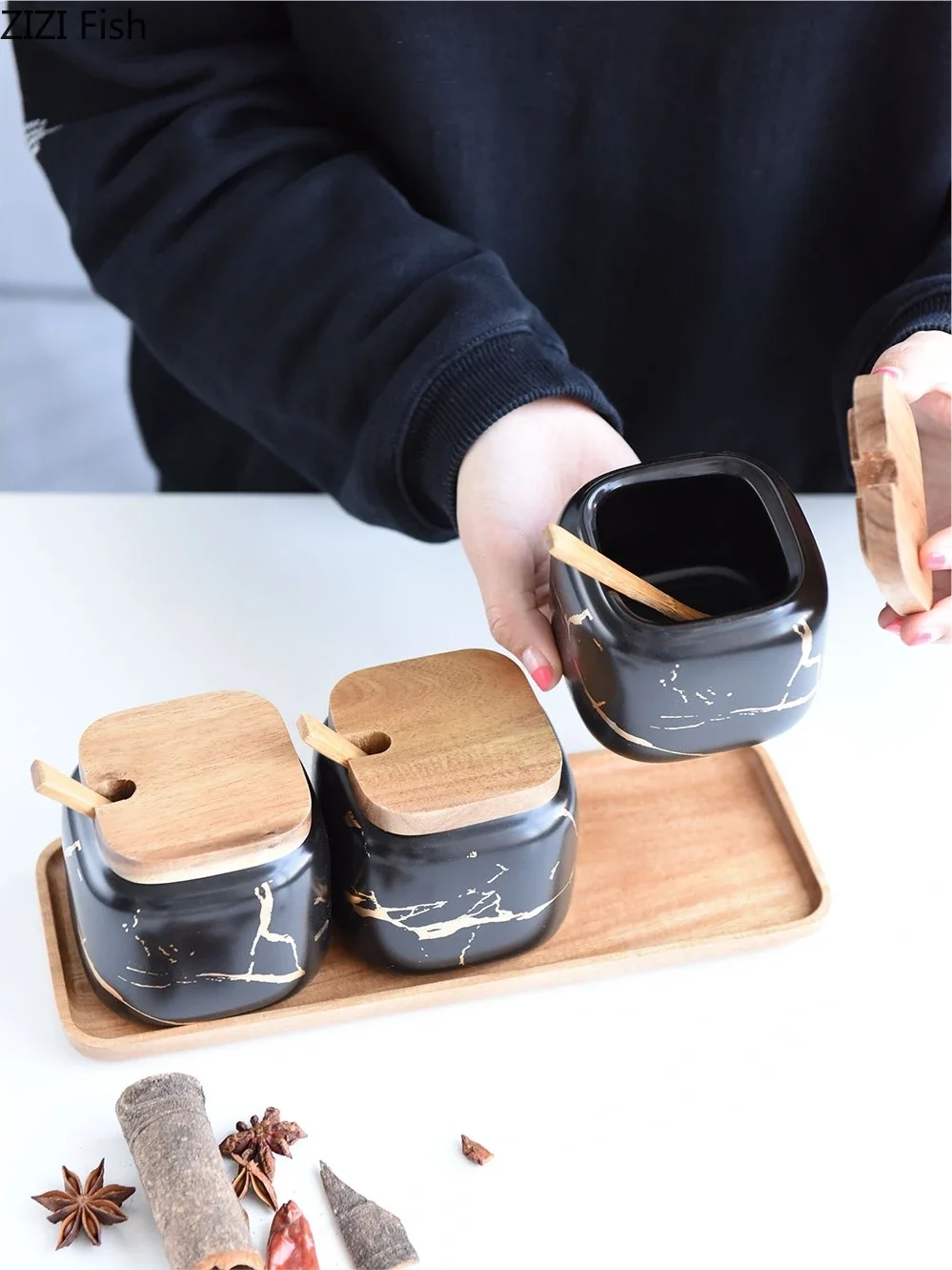 Matte Marble Pattern Ceramic Kitchen Spice Jar Oiler Set Wooden Cover Salt Shaker Spice Jar Kitchen Condiment Storage Rack Set