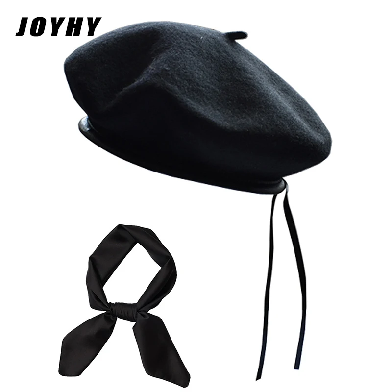 

JOYHY Women's Wool PU Leather Trimmed Army French Berets Hat with Solid Color Scarf Set 2020 Maiden Military Baret Beanie Cap