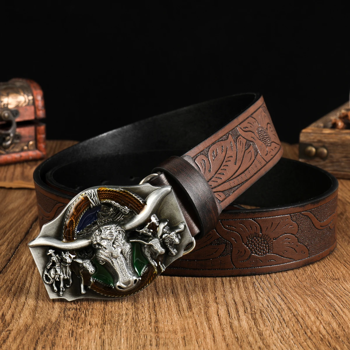 Black Head Big bull head 3.7cm wide men's and women's Western bull head denim style bull scalprendy belt smooth buckle
