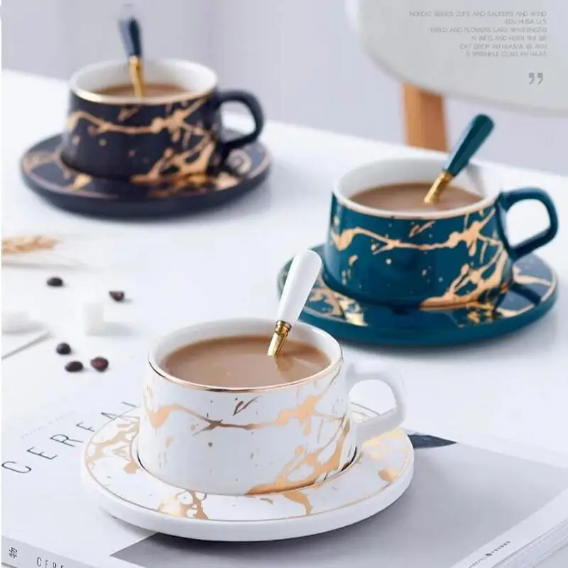 

Nordic Style Marble Matte Gold Series Ceramic Tea Cup Coffee Mug Luxurious Vintage Cafe Bar Mark Cup Christmas Party Supplies
