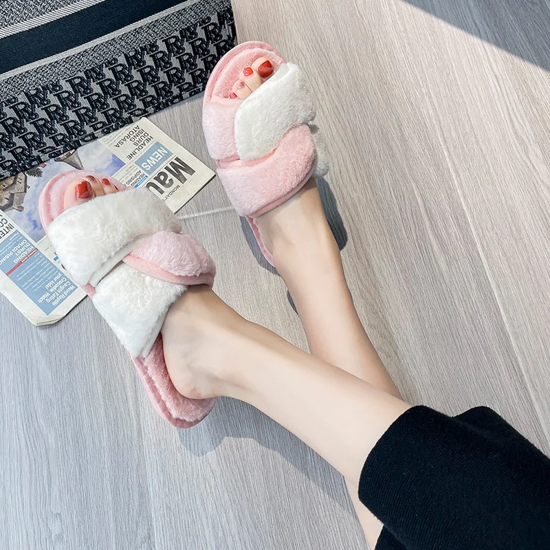 

New Women Slippers Fashion Concise Mixed Colors Cross Strap Casual All-match Warm Plush 2023 Autumn Winter Home Cotton Shoes