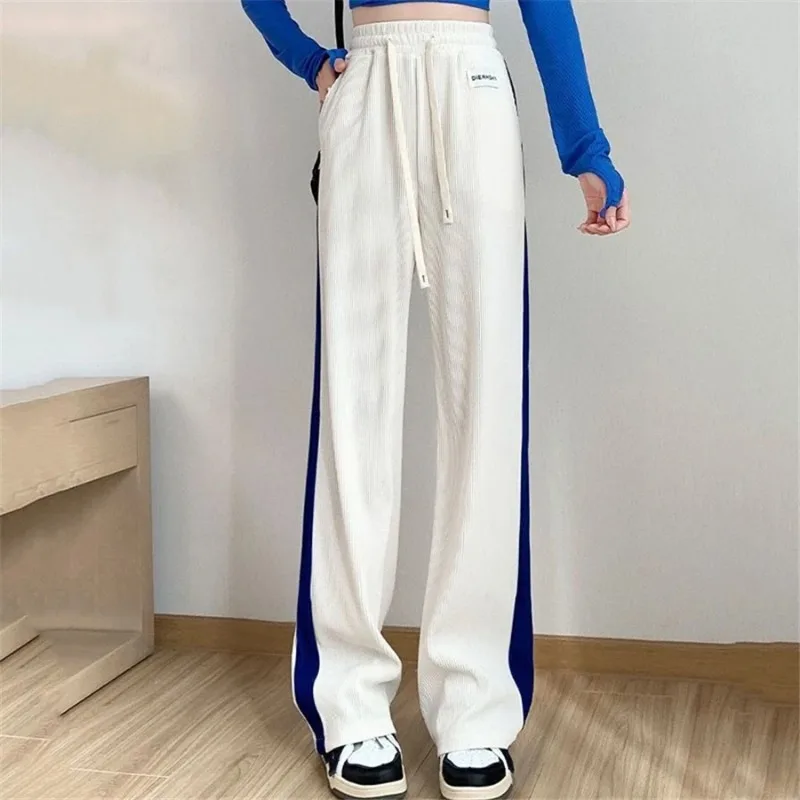 

2024 New Side Stripe Lace Up Wide Leg Pants Spring Summer Baggy Straight Sweatpant Korean Women's Casual High Waist Pantalones