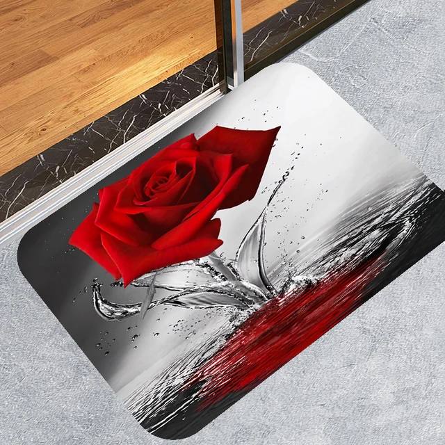 Rose Flower Shower Curtain Set Non-Slip Rugs Bath Mat Toilet Lid Cover and 12 Hooks Waterproof Polyester Bathroom Decor A-1PCS Rug