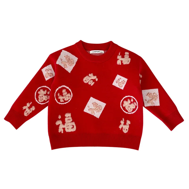 소년 소녀용 중국 스타일리시 럭키 레드 스웨터, 새해 풀오버 니트웨어, 아동복