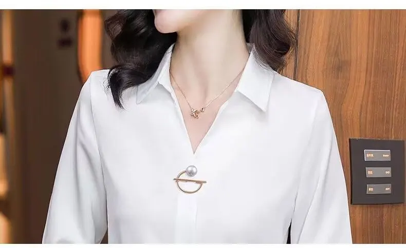 Basic Office Lady Solid Color Shirt Female Clothing Elegant Fashion V-Neck 2023 Spring Autumn Commuter Korean Long Sleeve Blouse