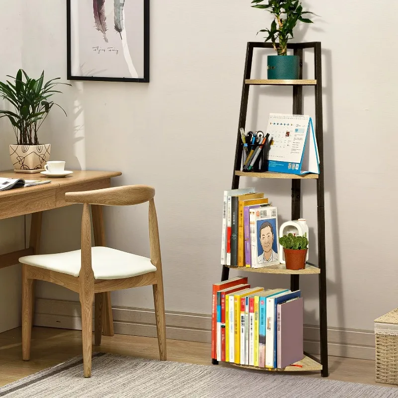 4-Tier Corner Ladder Wood Shelf, Display Rack Multipurpose Bookshelf and Plant St for Living Room  Office, Light