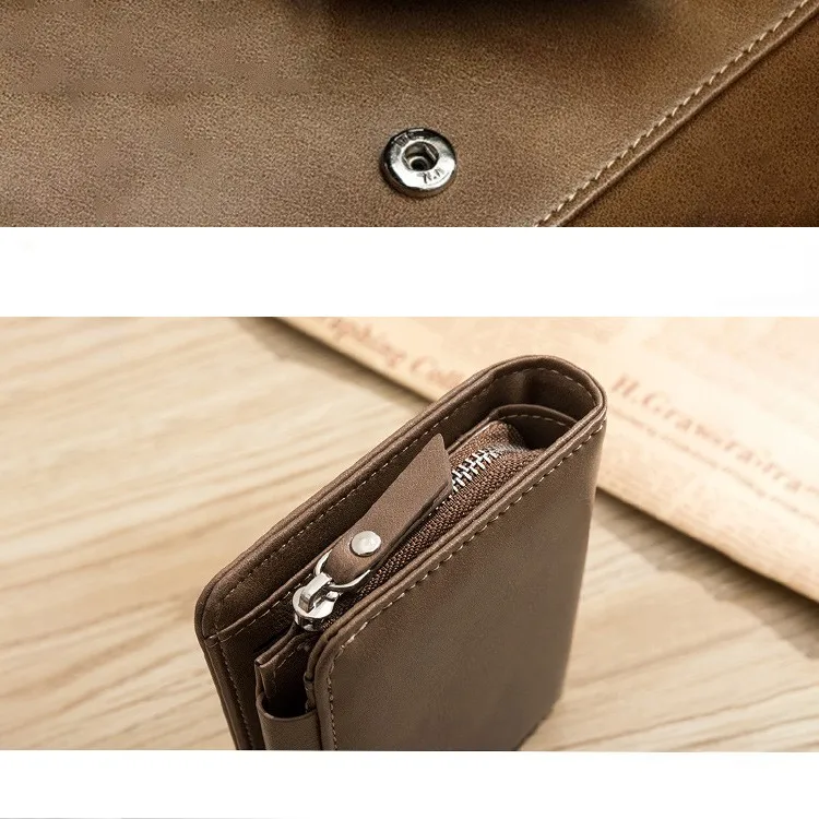Men's Short Wallet Three-Fold Purse Card Holder Youth Snap Button Fashion Vertical Zipper Coin Pouch Multi-Functional