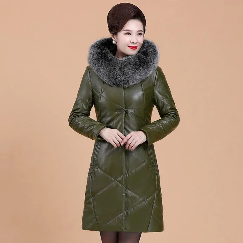 2023 Imitation Leather Down Jacket Women Mid-length Sheepskin Middle-aged Elderly Hooded Fur Clothing Coat with Fleece Thickened