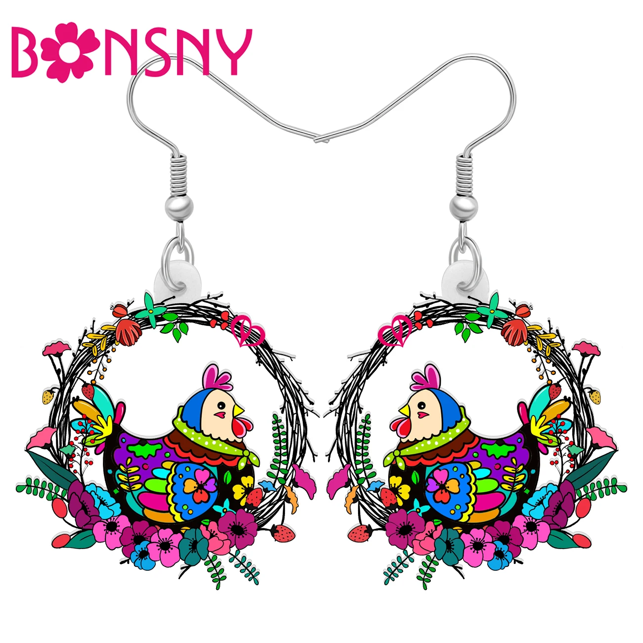 BonsnyAcrylicColorfulFlowersChickenHensEarringsPoultryDangle