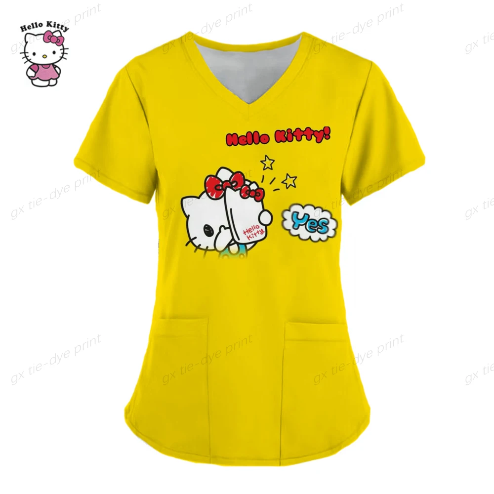 thumbnail image 1 of Camisetas de verano con cuello en V de Hello Kitty, camisetas de hospital para mujer 2023, uniforme de enfermera, ropa de mujer, camisetas con bolsillo, camisetas, 1 of 5