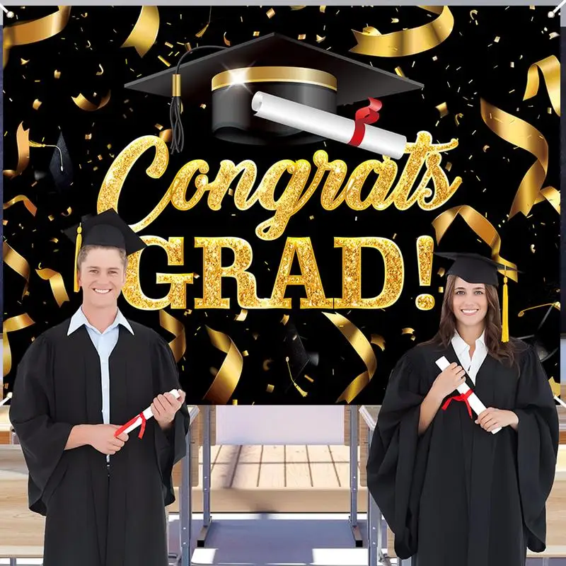 Congrats Grad Backdrop Black and Gold Congrats Party Banner Photography Prop 82.7x59in Background Party Decorations for School