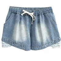 Plus Size Women's Jeans 100kg Fashion Lace For Edging Drawstring Elastic Waist Denim Shorts Wide Leg Hot Pants Summer 25007 - Image 6