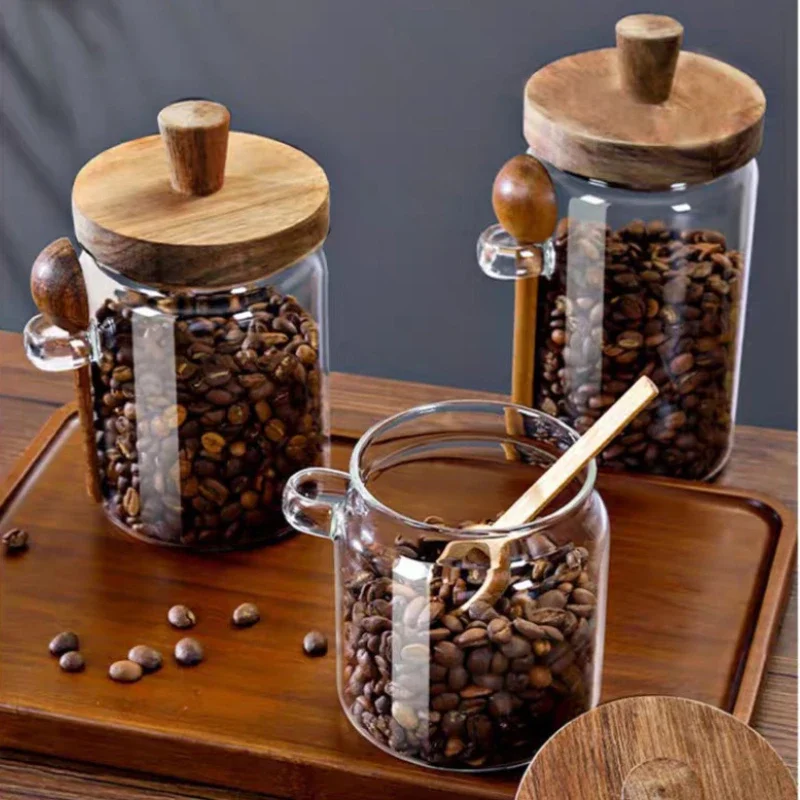 Kitchen Glass Jar Grains Coffee Beans Tealeaf Storage Containers with Wood Spoon Lid Clear Spice Jar Moisture-proof Storage Tank 3