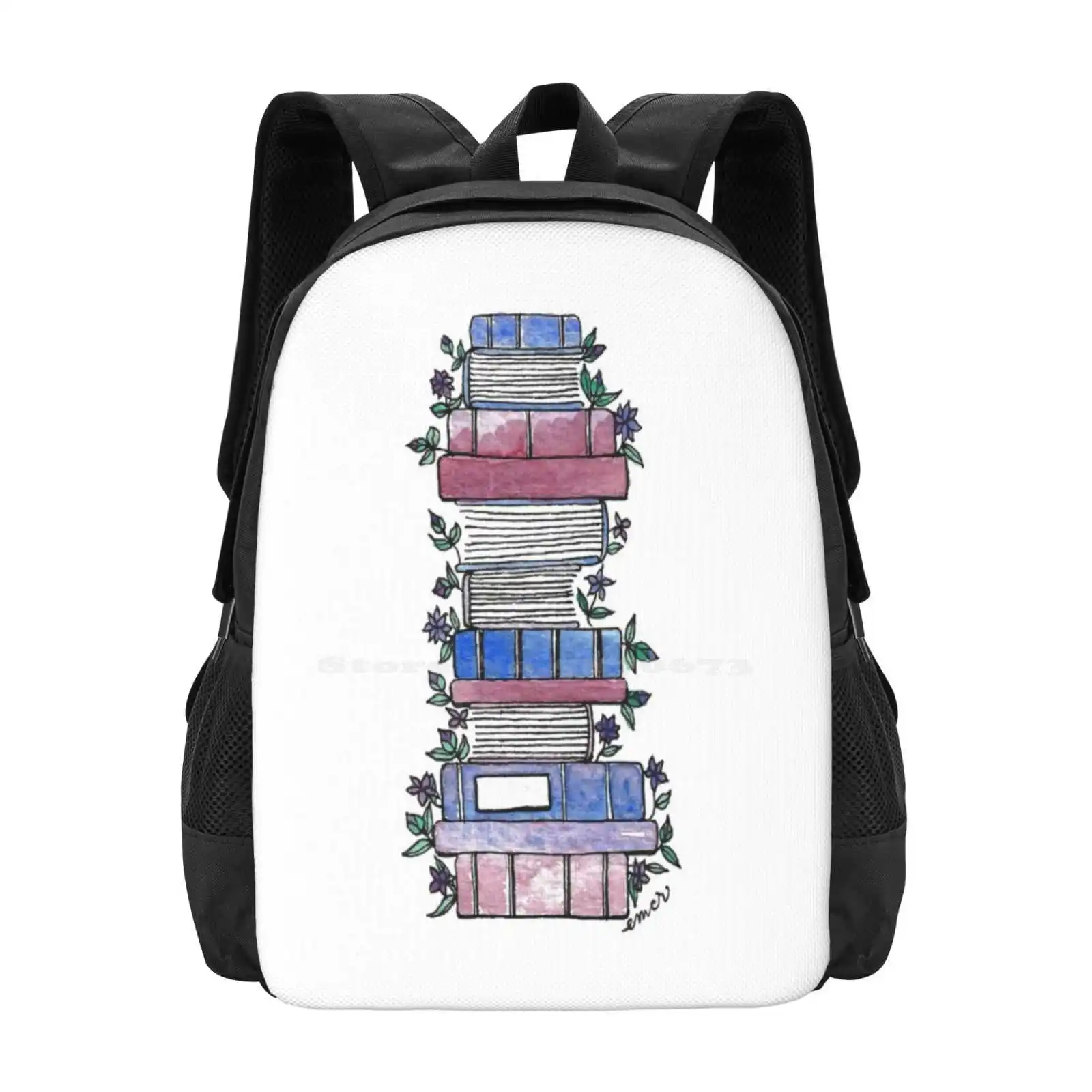

Flowery Books Fashion Pattern Design Travel Laptop School Backpack Bag Purple Pink Flowers Floral Reading Reader Bibliophile