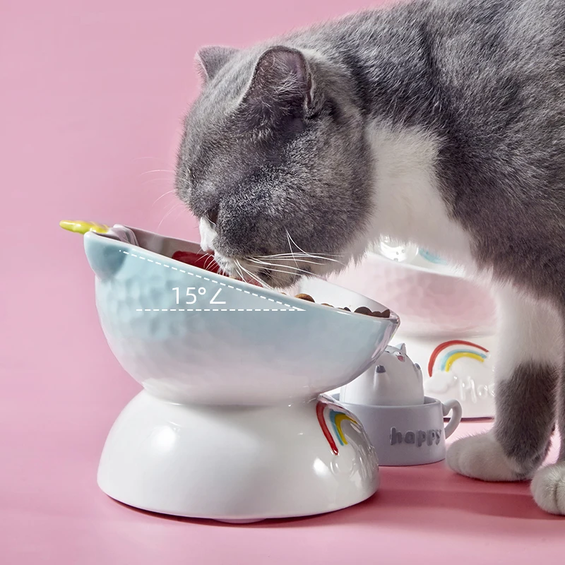 Unicorn cat bowl ceramic protection cervical spine drinking and foof bowl oblique mouth cat food basin high foot