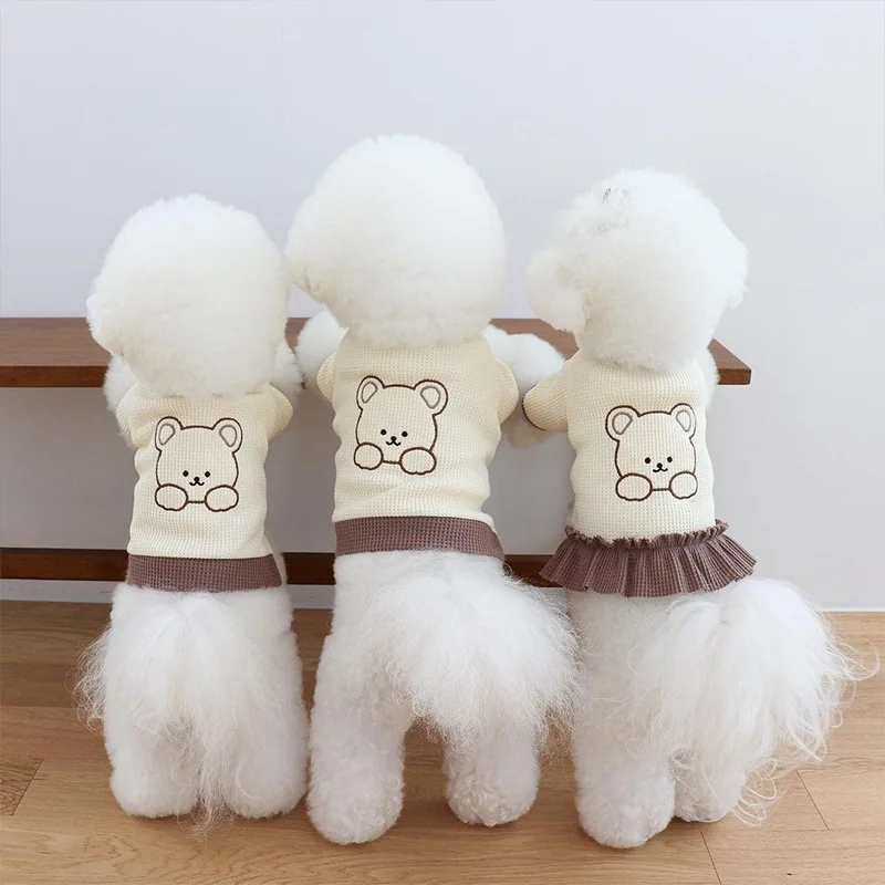 Cute Pet Teddy Bichon Small and Medium-sized Dogs Cats Embroidered Skirt T-shirt Pomeranian Bottom Layer Shirt Clothing Supplies