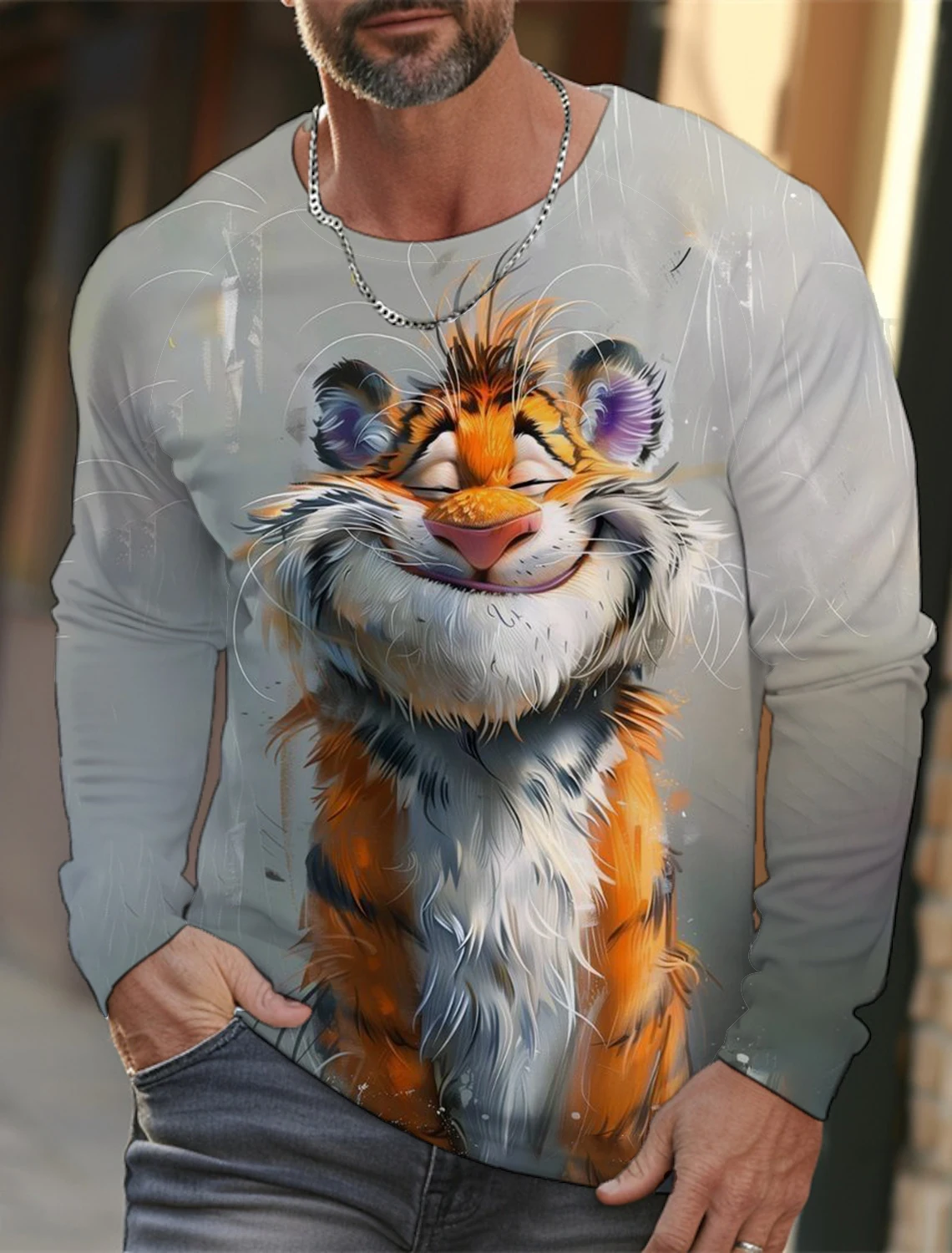 Men’s long sleeve cotton T-shirt with bold 3D animal print in Harajuku streetwear style 01