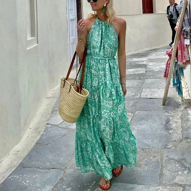 2022 Fall New Halter Sleeveless Boho Print Dress Elegant Lace-up Folds  Backless Party Dress Women Fashion Retro Loose Long Dress - Dresses -  AliExpress