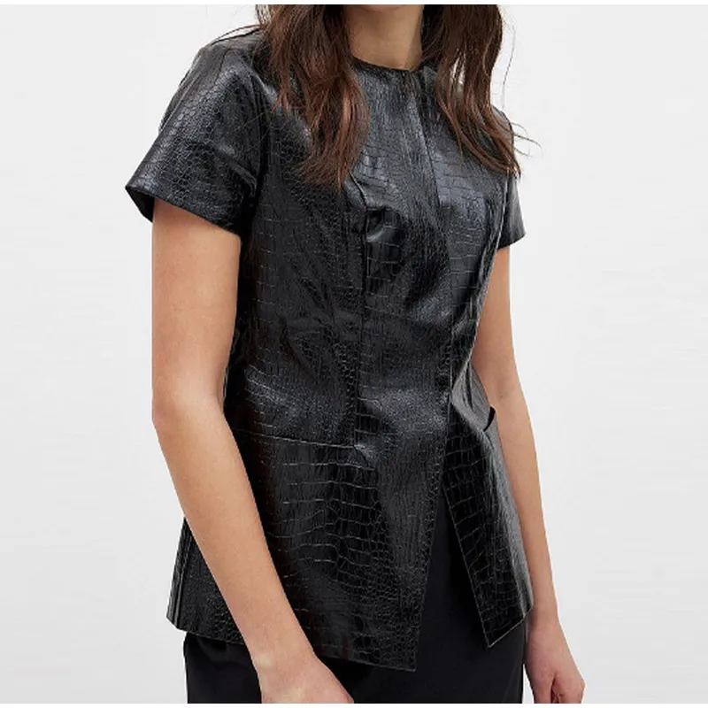 Vintage PU Leather O-neck Shirts Women Casual Loose Solid Short Sleeve Single Breasted Shirt Female Spring Chic High Street Tops