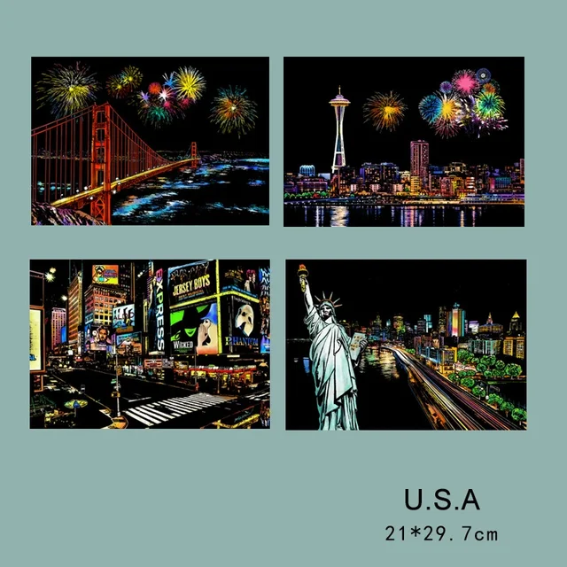 4Pcs/Set A4 Magic Scraping Painting DIY Colorful City Night View Scratch Paper Drawing Toys for Kids Learning Toys 21x29.7CM 5