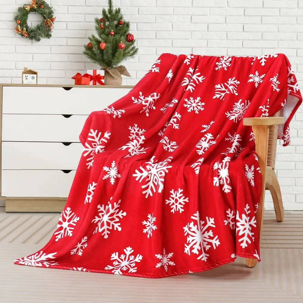 1pc Christmas Red Throw Blanket White Snowflake Throw Blanket Xmas Winter Holiday Cozy Fuzzy Plush Throw Blankets Super Soft