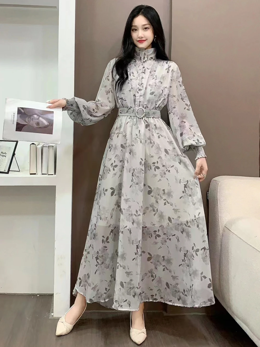 Herlipto★Autumn Floral Chiffon Dress 2024 New Spring Autumn Women Stand Collar Long Sleeve Belt
