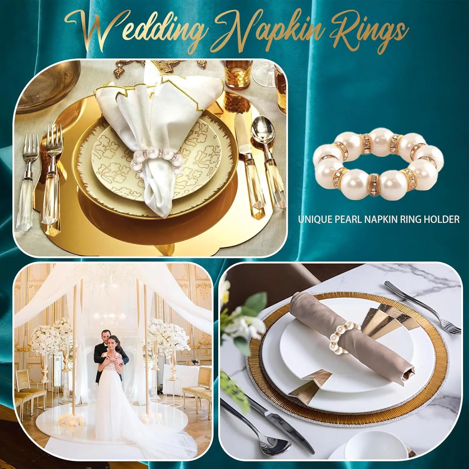 20-100Pcs Gold Napkin Rings Imitation Pearl Ring Napkin Holder White&Gold Serviette Buckles Wedding Party Table Decor