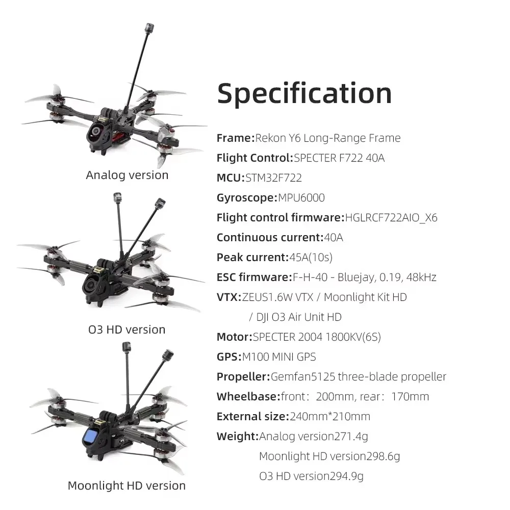 HGLRC Rekon Y6 5" LR FPV Drone 6S Y6 Hexa SPECTER F722 40A 2004 1800KV BNF Cinematic Long Range thumbnail 3