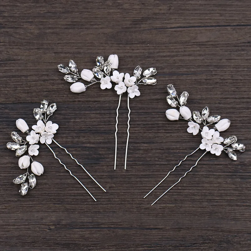 Bridal Hair Accessories Hair Accessories Girls Hair Accessories Silver Rhinestone Clay Flower Headwear Wedding Bridal Hair Forks