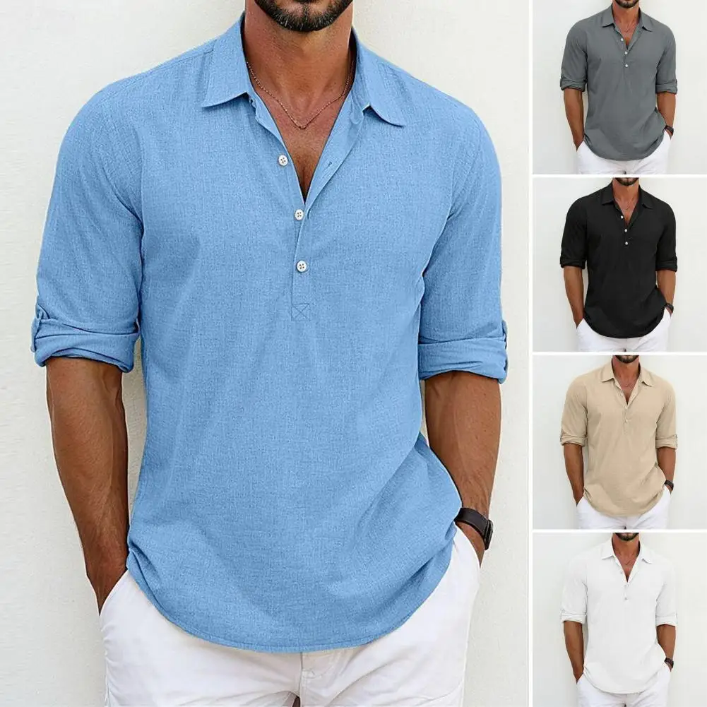 Men Lapel Shirt Loose Mid Length Men's Shirt Solid Color Half-open Collar Daily Wear Top Men Shirt