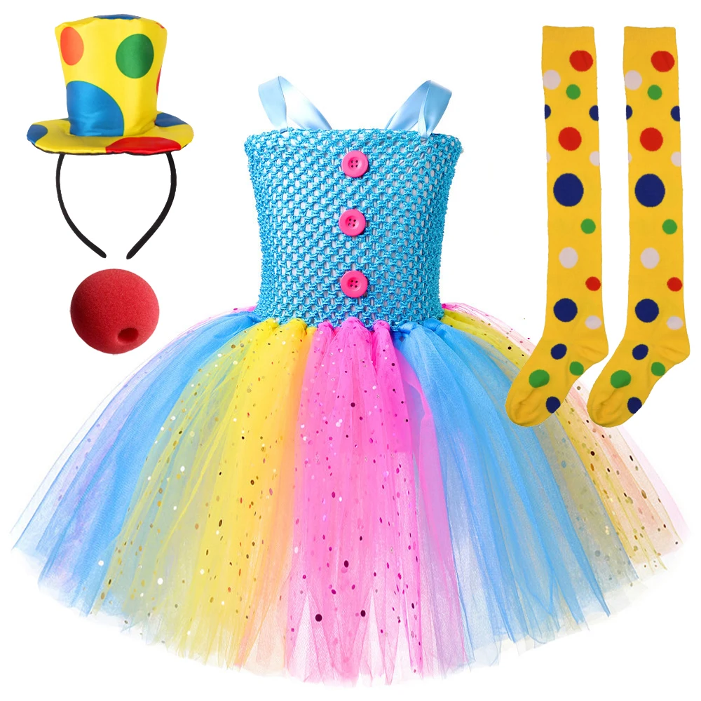 

Sparkly Circus Clown Costumes for Girls Halloween Fancy Tutu Dress Kids Joker Cosplay Outfit Rainbow Twinkle Xmas Party Clothes