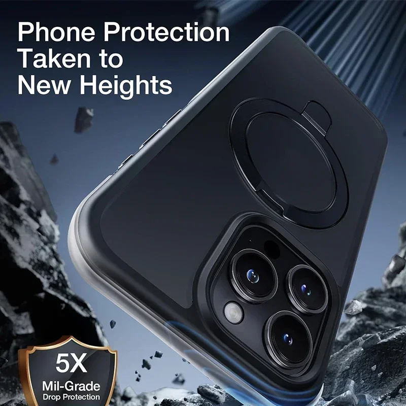Magnetic Metal Ring Stand Case with Lens Protector - Matte Finish