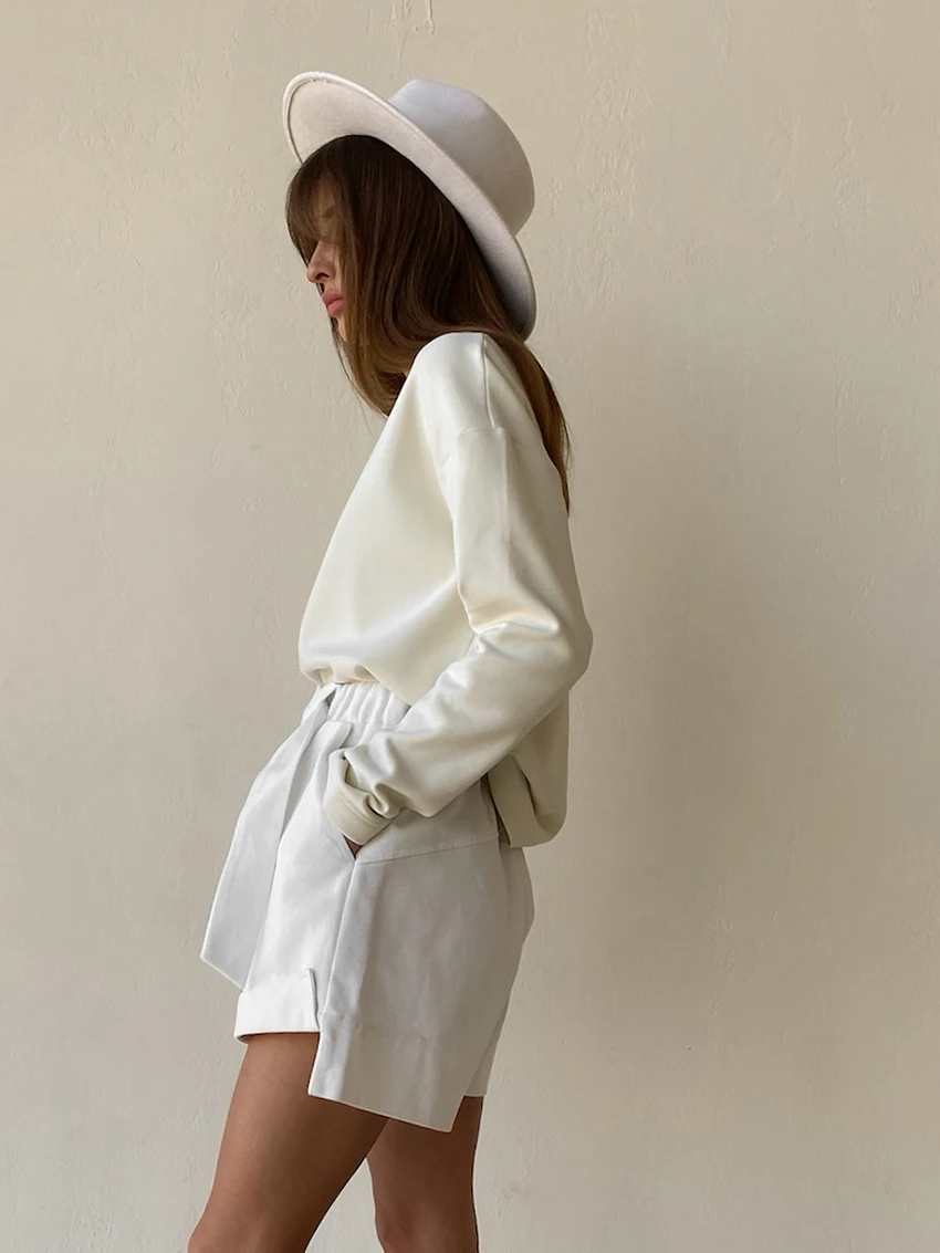 Marthaqiqi Cotton Loose Women'S Pajamas 2 Piece Suit O-Neck Sleepwear Long Sleeve Nightgowns Shorts Casual Ladies Nightwear Sets