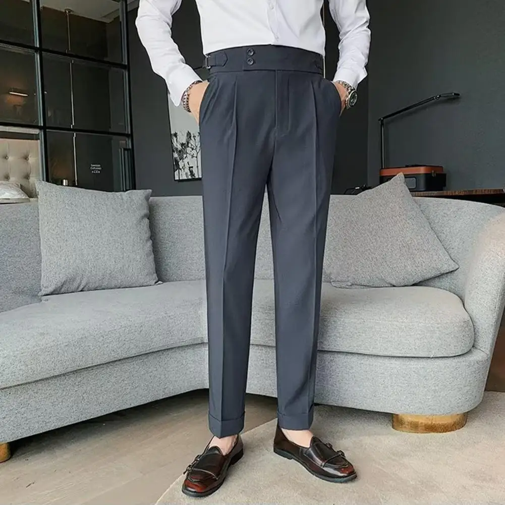 Men Formal Trousers Classic Men's Office Trousers Slim Fit High Waist Vintage Pockets for Formal Business Style Straight-leg