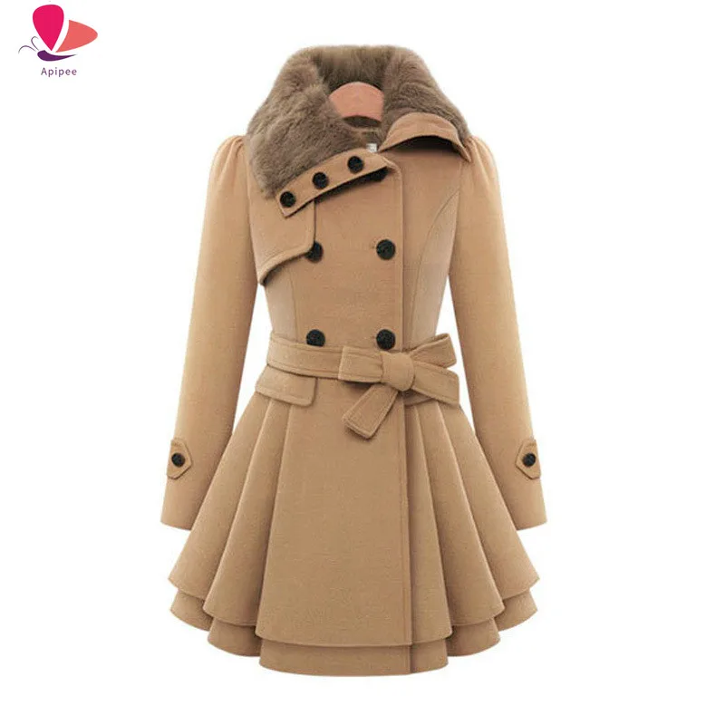 

APIPEE Women Oversized Swing Double Breasted Pea Coat Buttons Wool Mid-Long Trench Coat with Belt Winter Coat Women Jackets